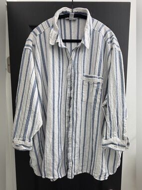Nine West White and Blue Vertical Stripe Button-Down Shirt